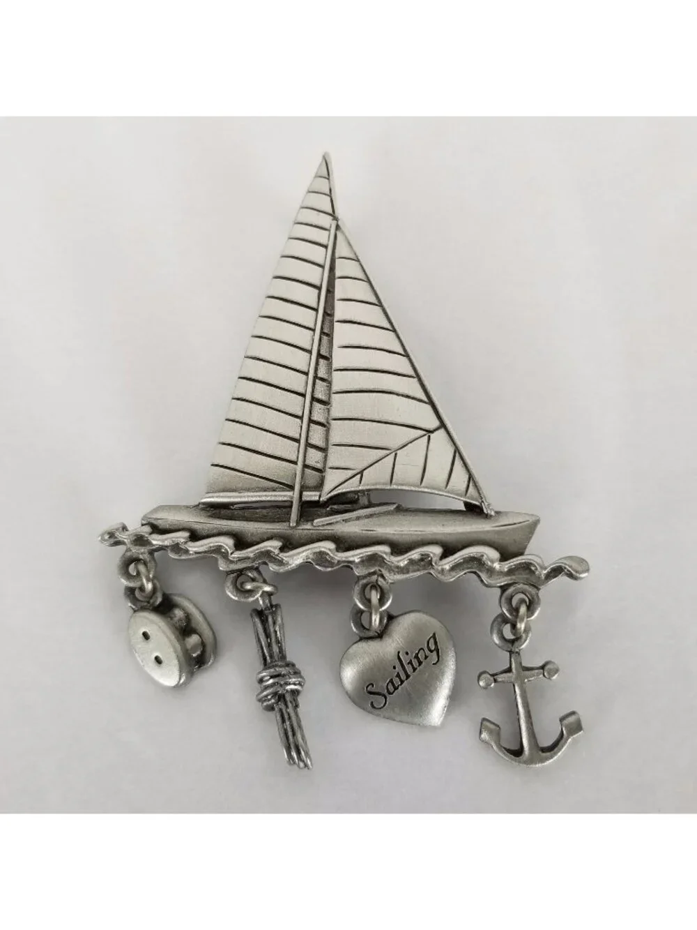 J.J. Sailboat with dangling nautical charms pewter Pin Brooch Vintage 1980's